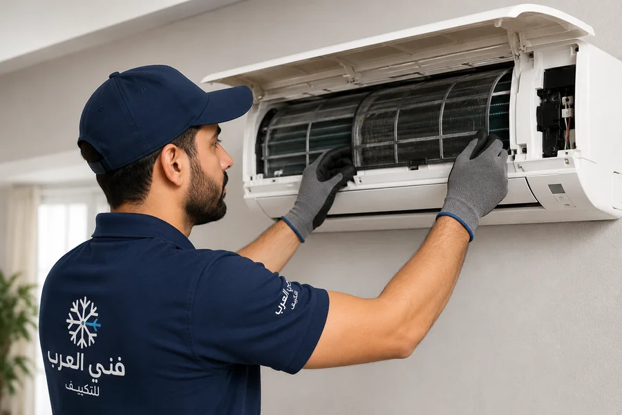 فني مكيفات متخصص يفحص وحدة المكيف الداخلية