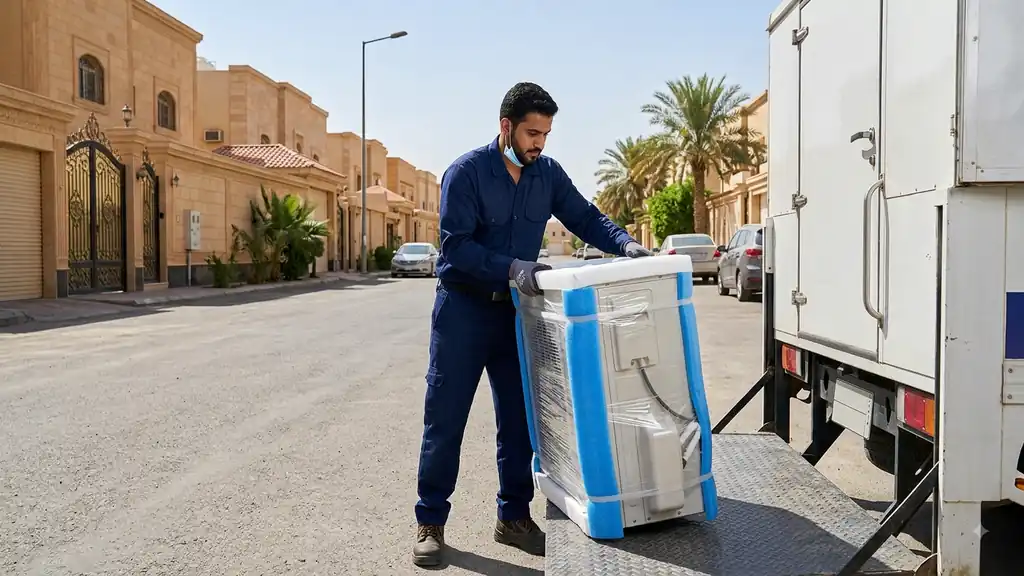 فني نقل مكيفات بالرياض يحمّل وحدة تكييف خارجية مغلّفة بحماية على سيارة الخدمة