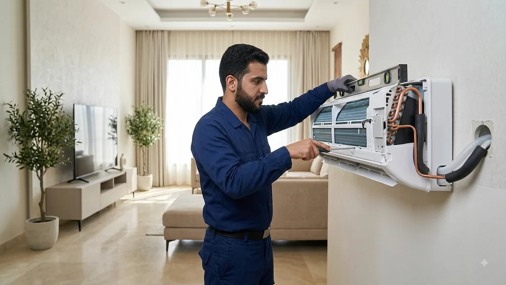 فني تكييف يركّب وحدة مكيف سبليت داخلية بعد النقل في شقة بالرياض